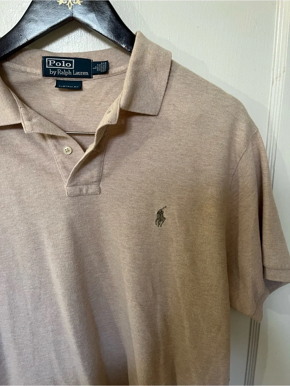 VTG Polo Ralph Lauren Custom Slim Fit Polo Shirt Large L Heather Tan Beige EUC